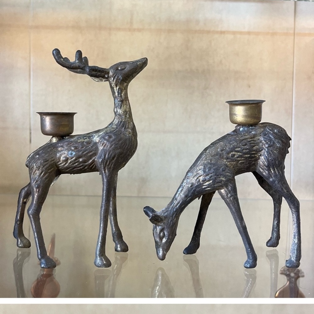 Vintage Pair 2 BRASS Deer Candle Holder Candlestick Buck Doe Reindeer.